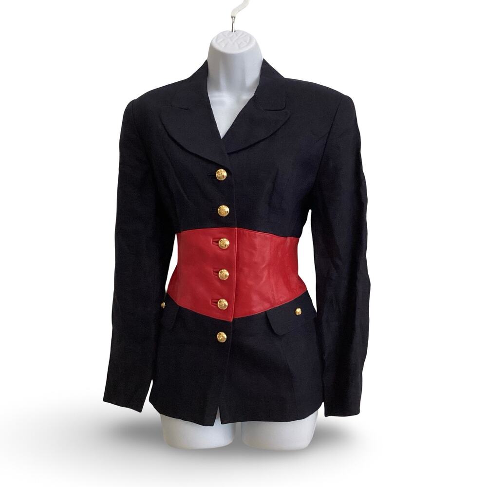 Rickie Freeman Blue Linen and Red Leather Colorblock Blazer